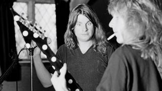 Ozzy Osbourne records the 'Blizzard of Ozz' album with guitarist Randy Rhoads (1956-1982) at Ridge Farm Studio in West Sussex, England in May 1980.