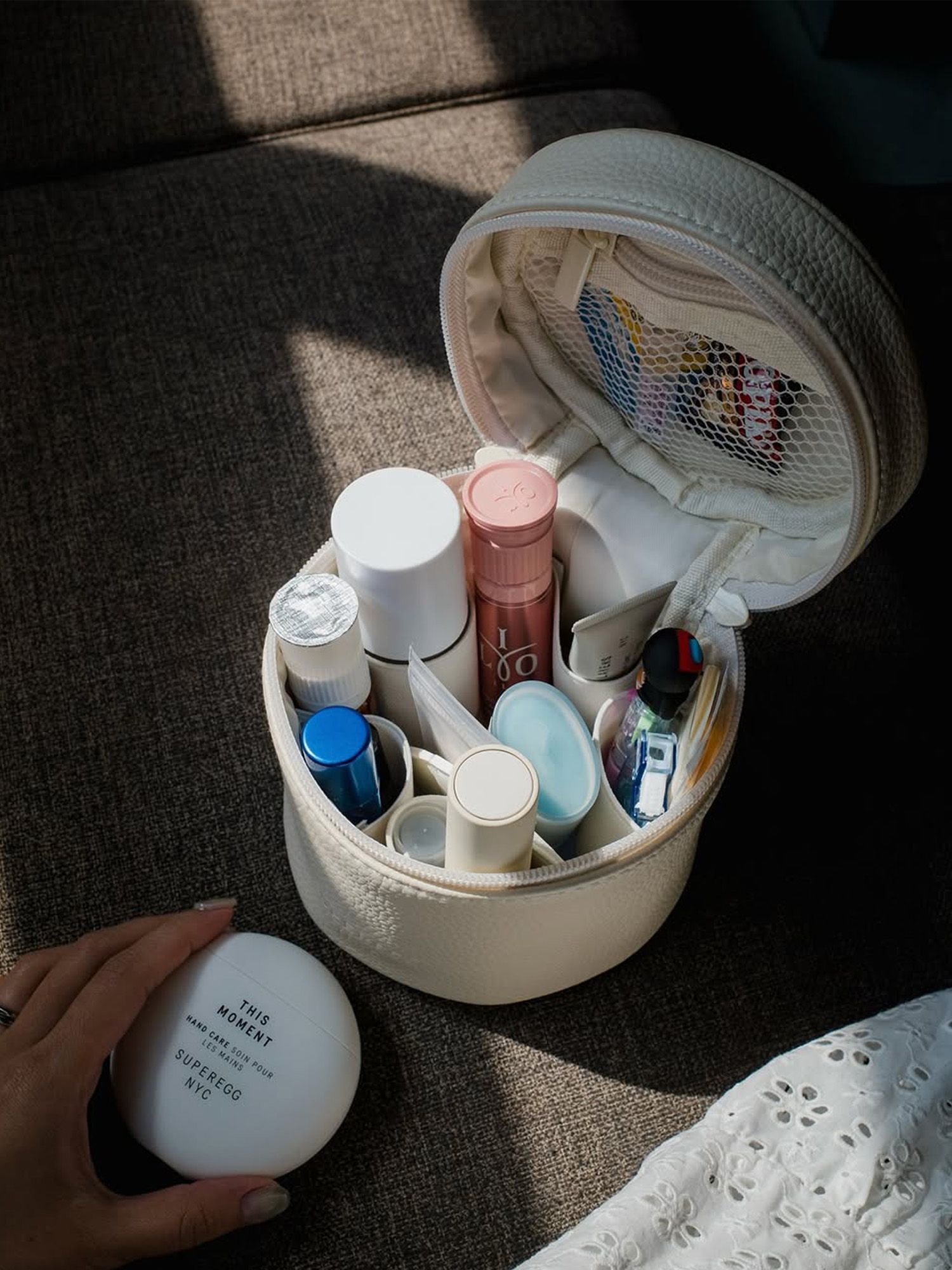 Superegg founder and content creator Erica Choi's travel cosmetic bag