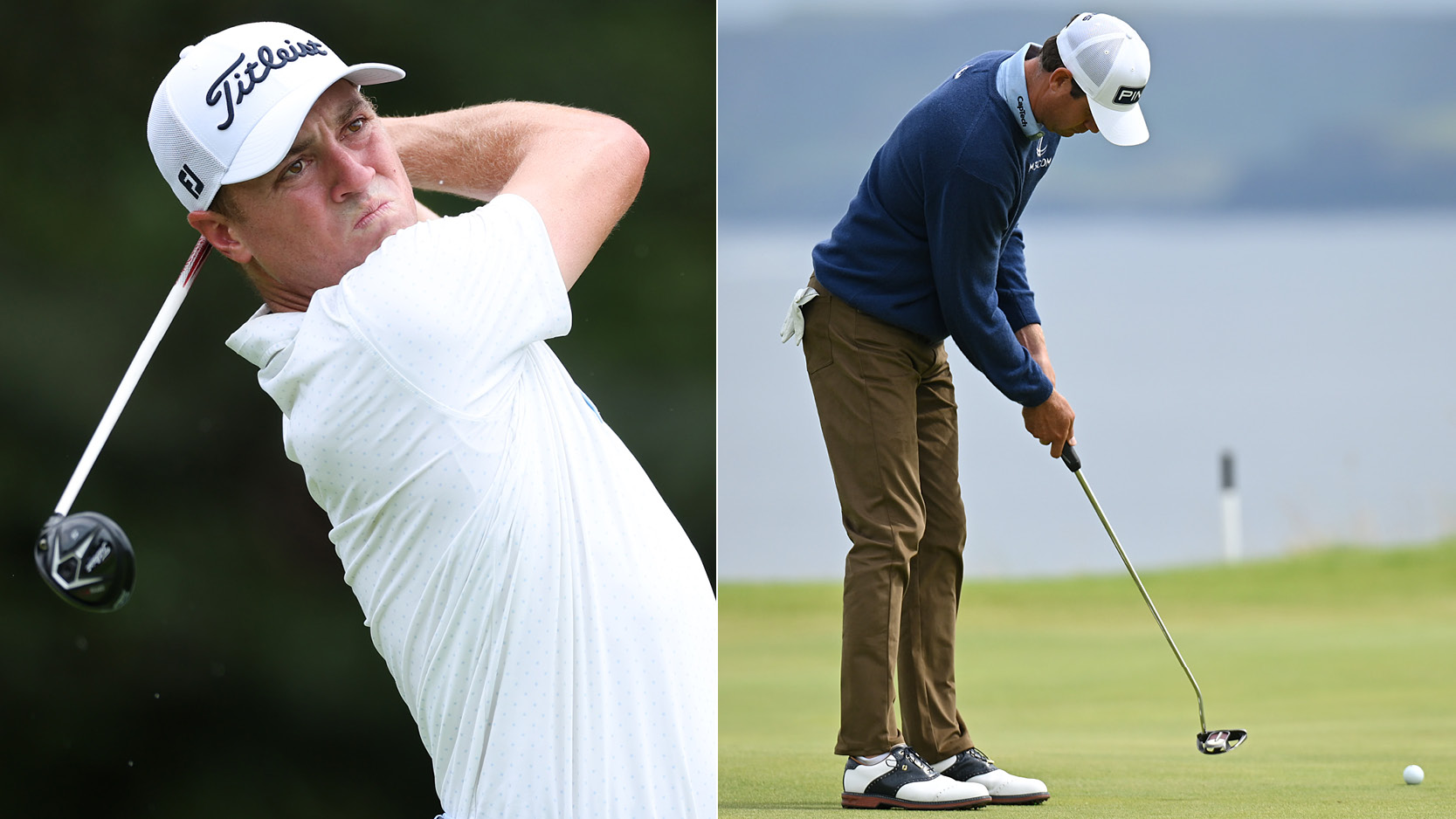 Justin Thomas hits a fairway wood, Harris English hits a putt