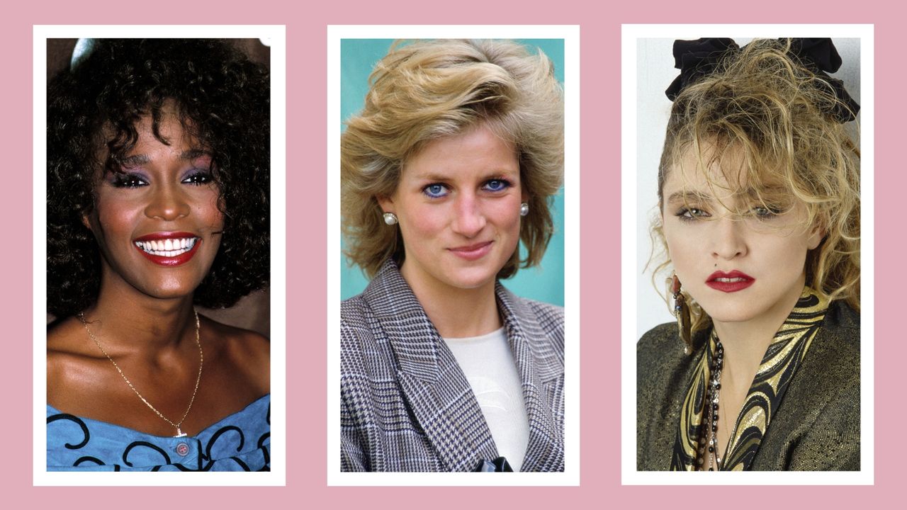 Whitney Houston, Princess Diana and Madonna pictured with &#039;80s makeup looks / in a pink template