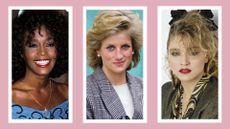 Whitney Houston, Princess Diana and Madonna pictured with '80s makeup looks / in a pink template