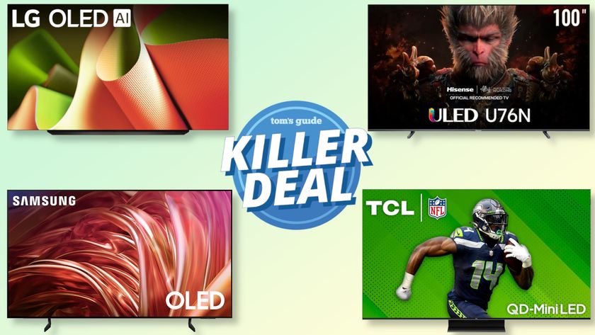 Manufacturer photos of the LG B4 OLED, Hisense U76N, Samsung S85D OLED and TCL QM7 arranged in four corners with a badge in between them all that reads: &quot;Tom&#039;s Guide Killer Deal&quot;