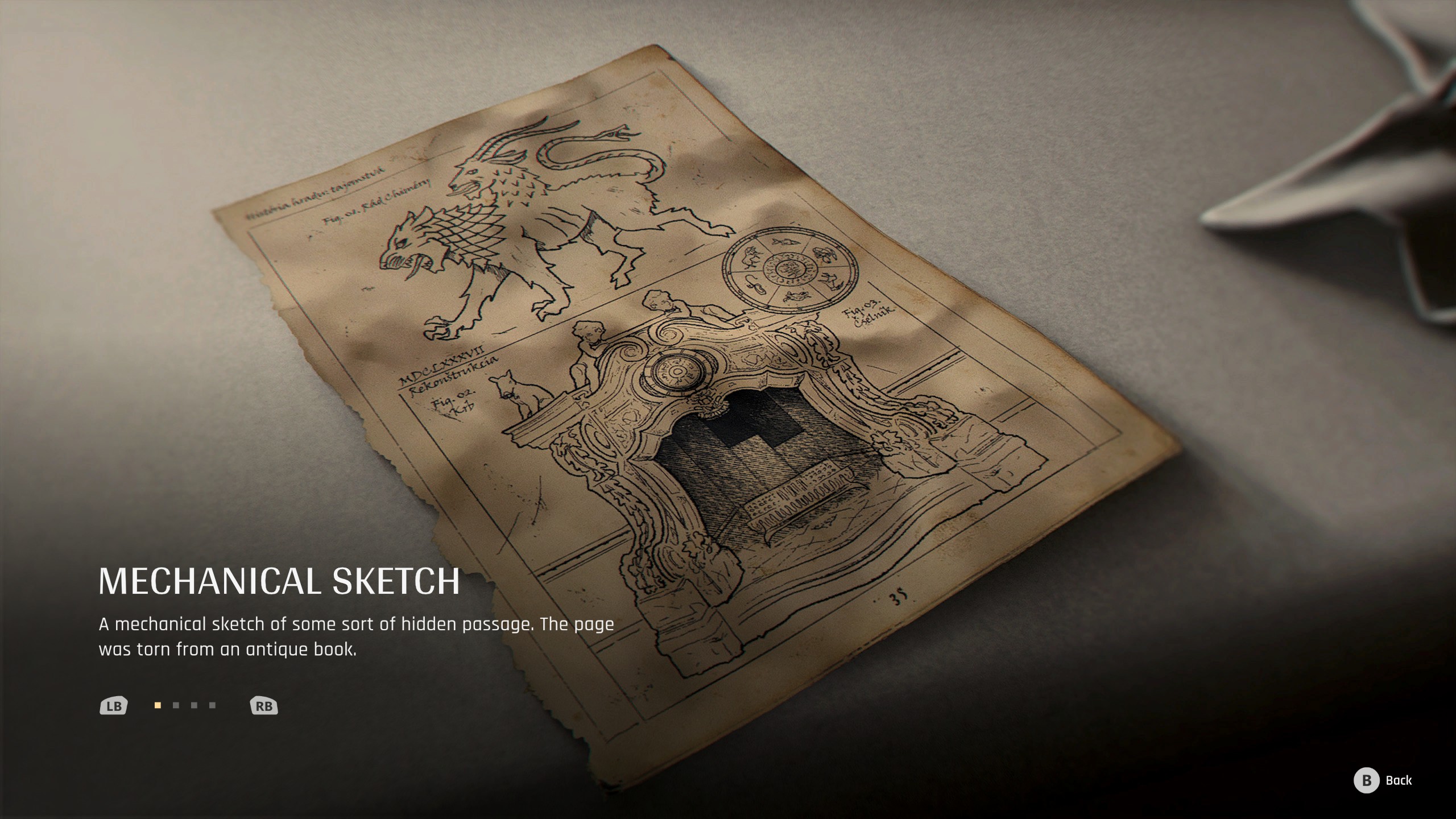007 First Light - A mechanical sketch showing the answer to the fireplace puzzle in the Carpathian Hotel dining room