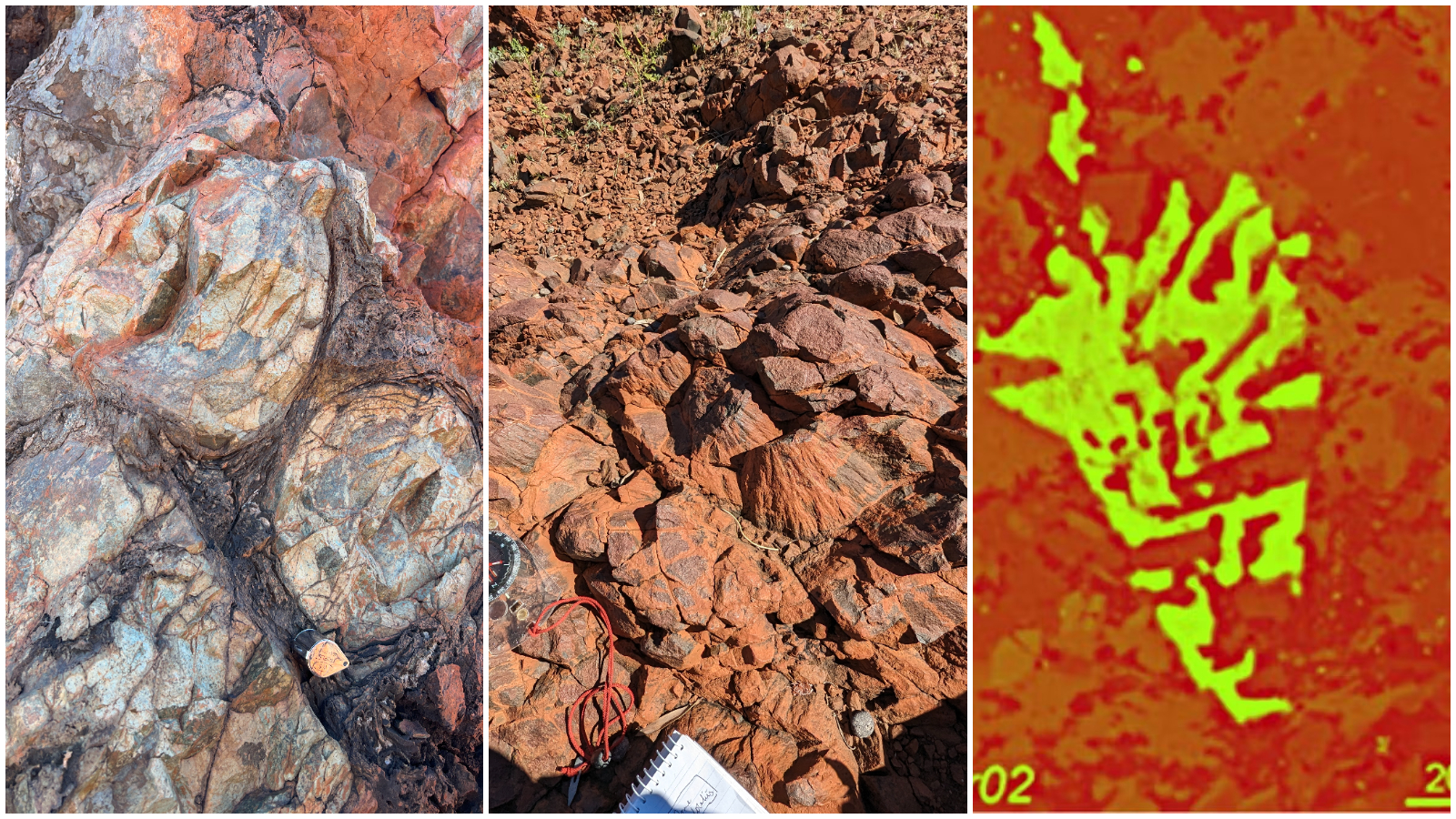 Three images of rocks in the North Pole Dome area and a scan of the mineral zircon.