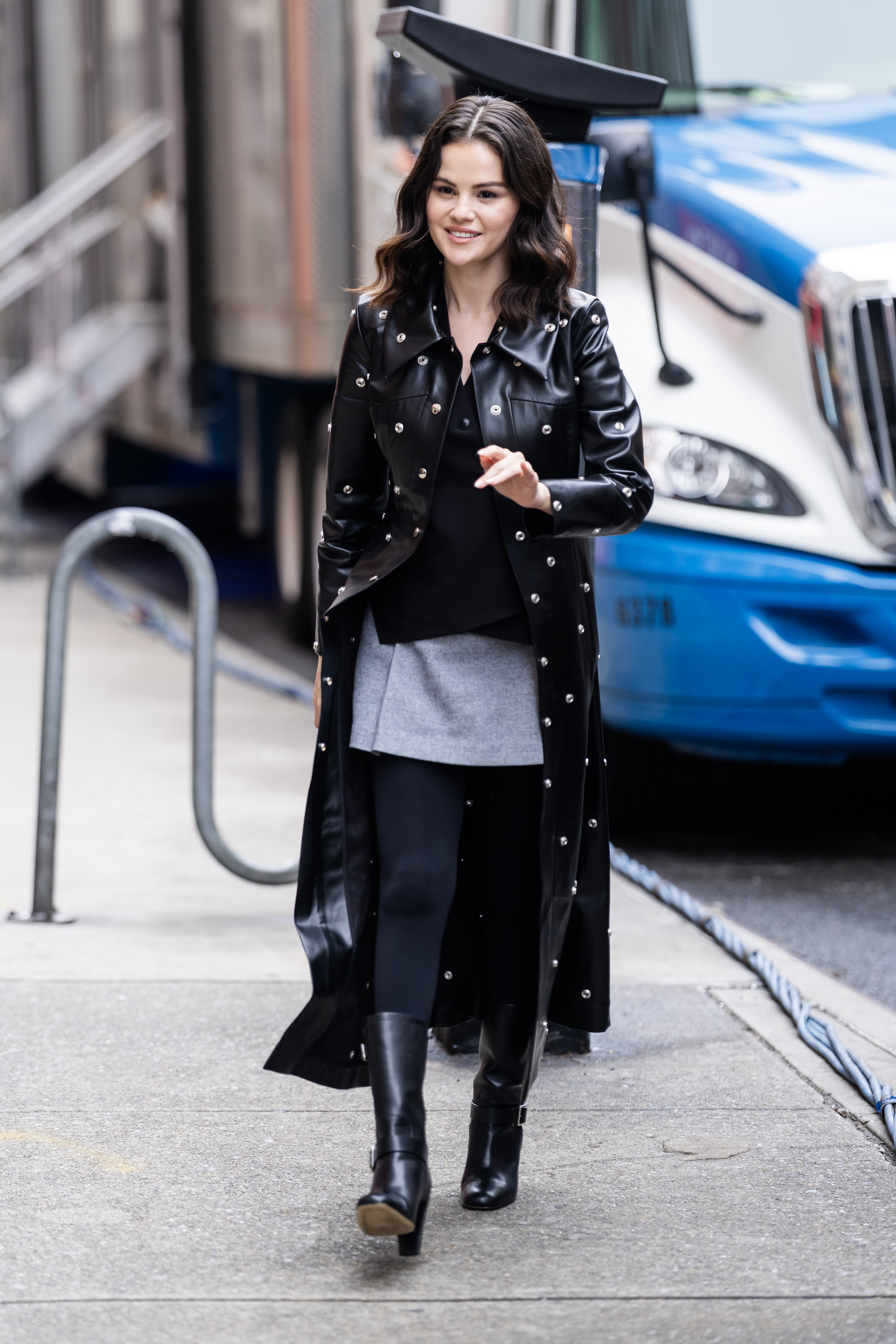 Selena Gomez pulls off a studded leather coat in NYC.