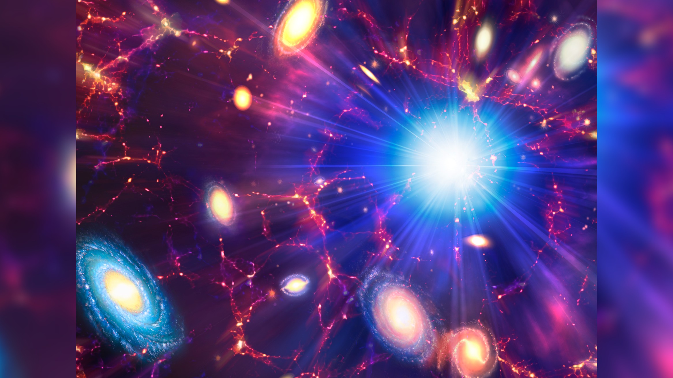 An illustration of the Big Bang theory showing galaxies exploding outward