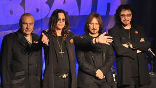 WEST HOLLYWOOD, CA - NOVEMBER 11: (L-R) Musicians Bill Ward, Ozzy Osbourne, Geezer Butler and Tony Iommi pose onstage during Black Sabbath Reunion Press Conference at The Whisky a Go Go on November 11, 2011 in West Hollywood, California. (Photo by Lester Cohen/WireImage)