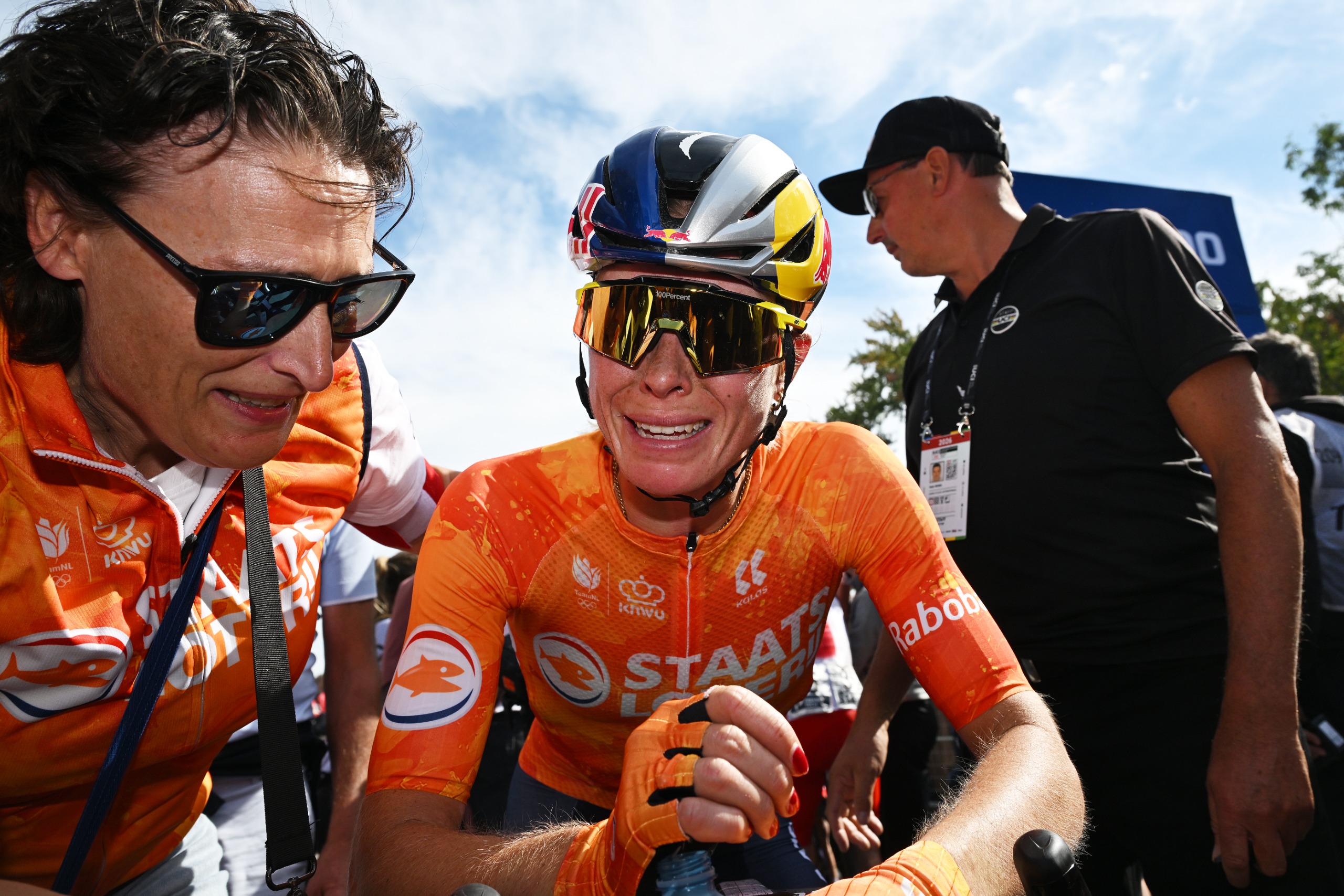 Demi Vollering of the Netherlands in tears after her victory at the 2026 World Championships elite women's road race in Montreal