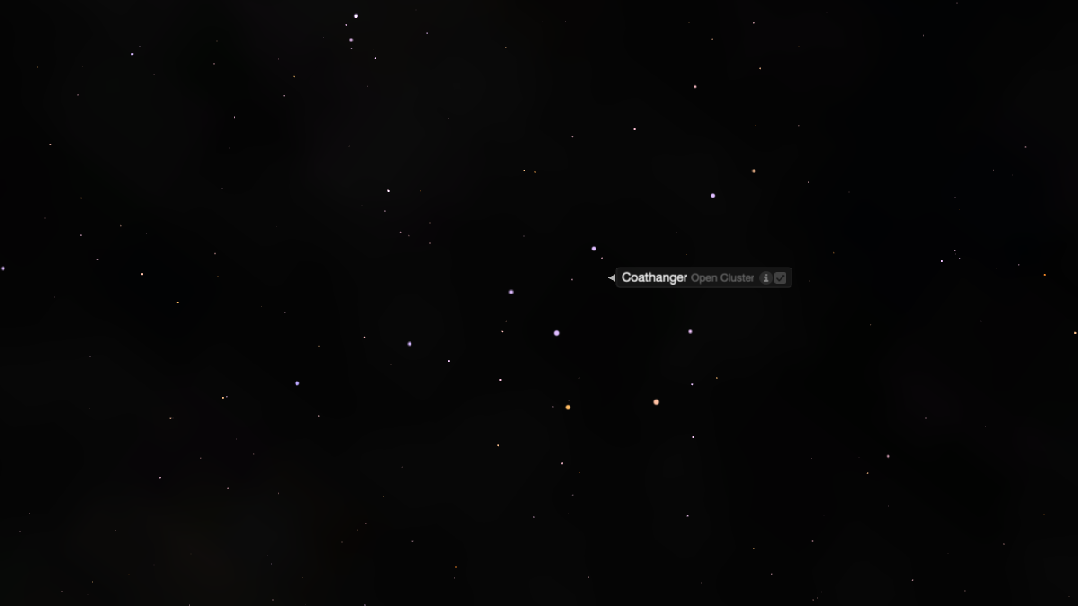 A simulation of the night sky showing a collection of bright stars labelled as belonging to the Coathanger open cluster, against a black sky.