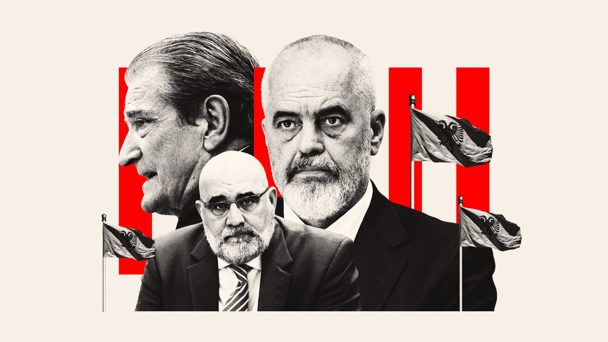 Photo composite illustration of Edi Rama, Sali Berisha and Chris LaCivita