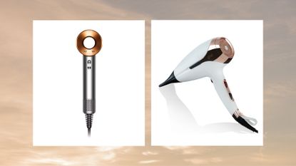 Collage of two of the best hair dryers featured in this guide from Dyson and ghd 