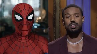 Spider-Man as he appears in his latest cinematic outing, Brand New Day (2026), Michael B Jordan giving his monologue as he hosts Saturday Night Live (2023).