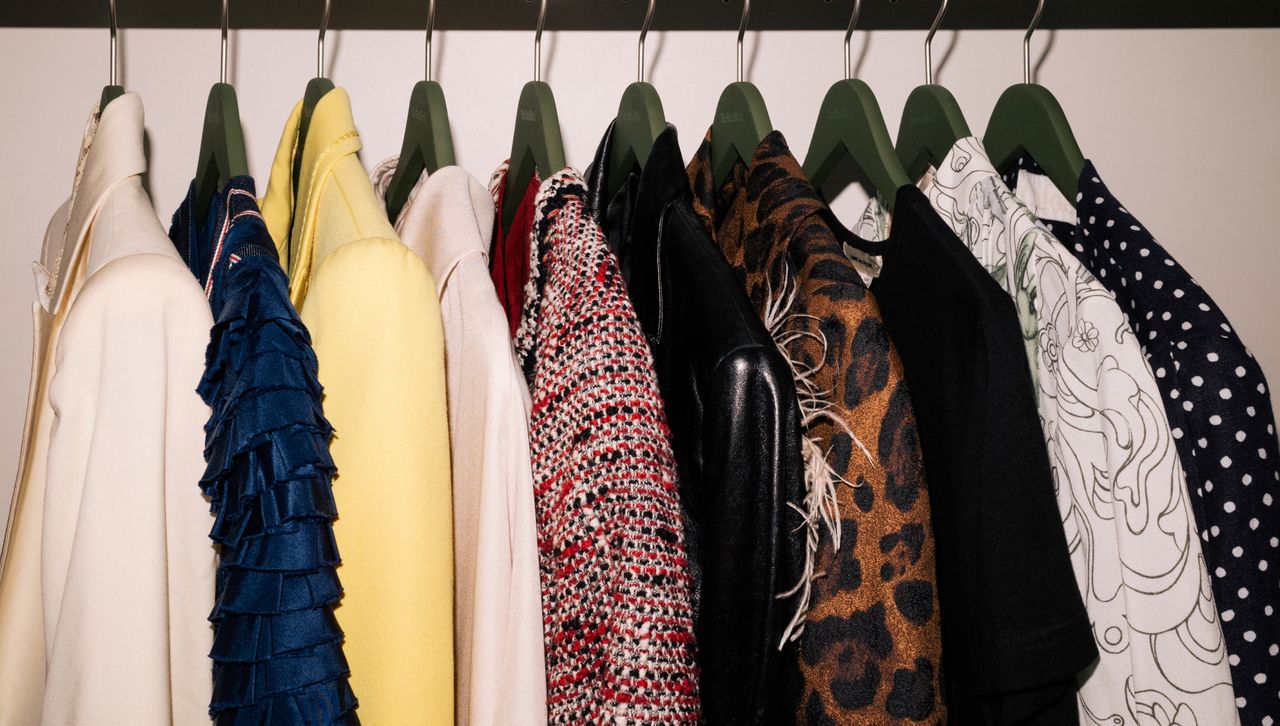 a rack of jackets from closets of celebrities including kate moss