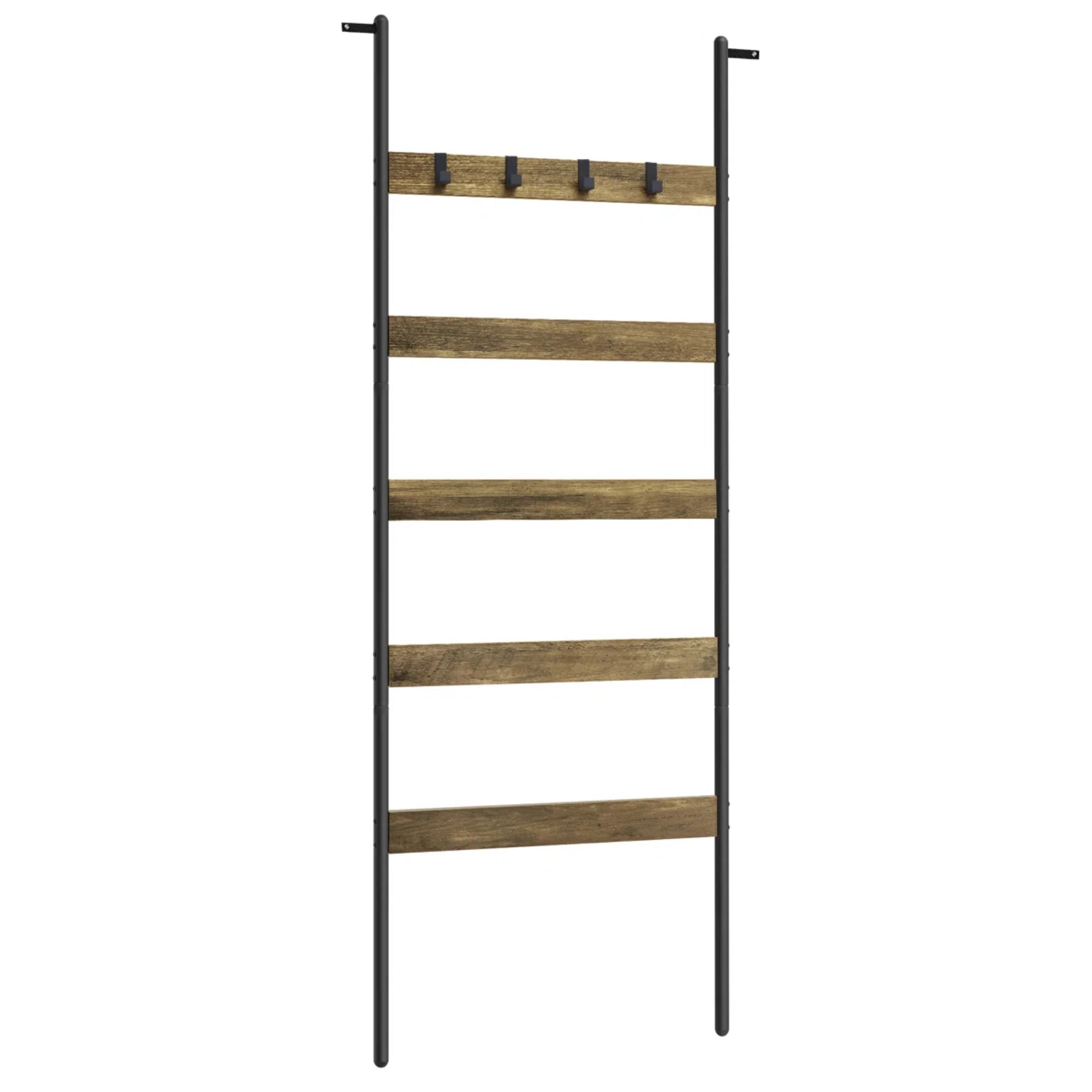 A black and wood free-standing towel ladder with four black hooks on the top rung