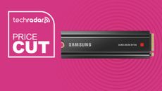 A Samsung 980 Pro SSD on a pink background with white price cut text