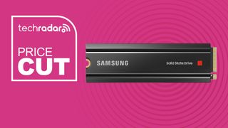 A Samsung 980 Pro SSD on a pink background with white price cut text