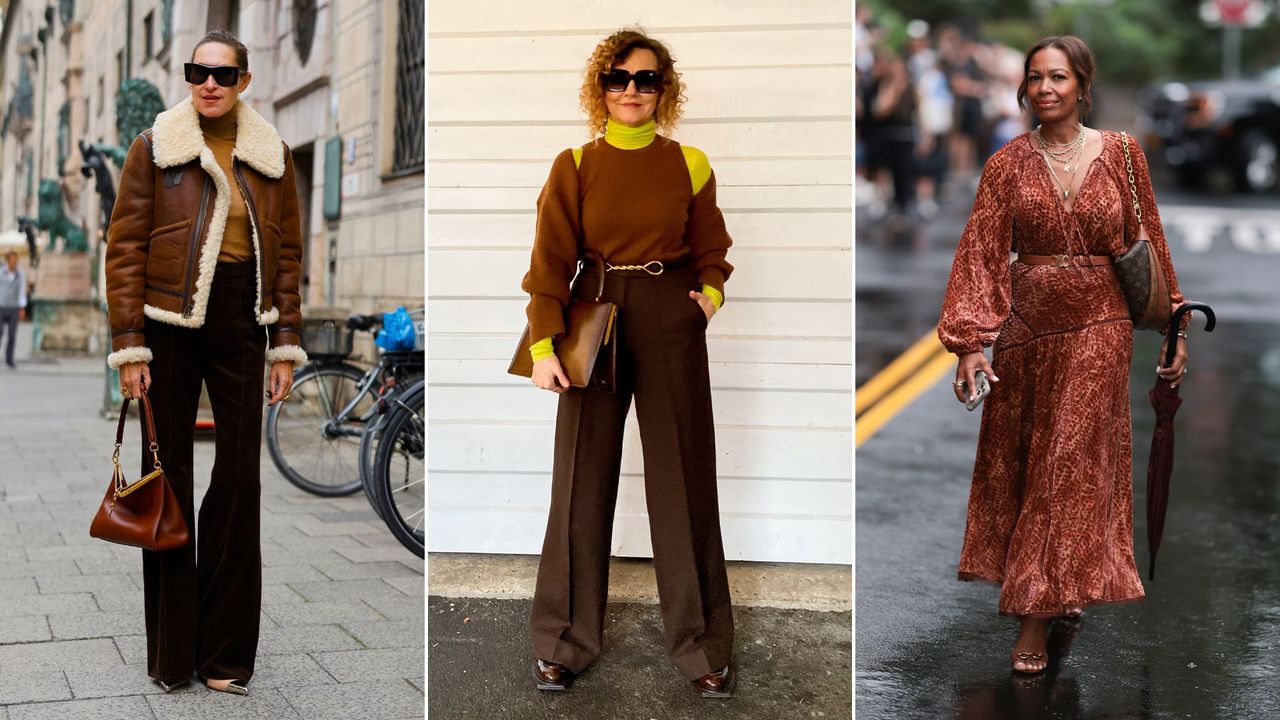 Three woman wearing brown outfits demonstrating that brown is the colour of the season