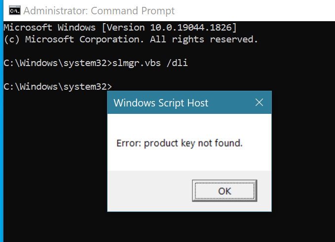 Error: Product Key not found.