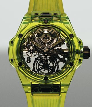 Yellow watch with visible parts: Big Bang Tourbillon Automatic by Hublot