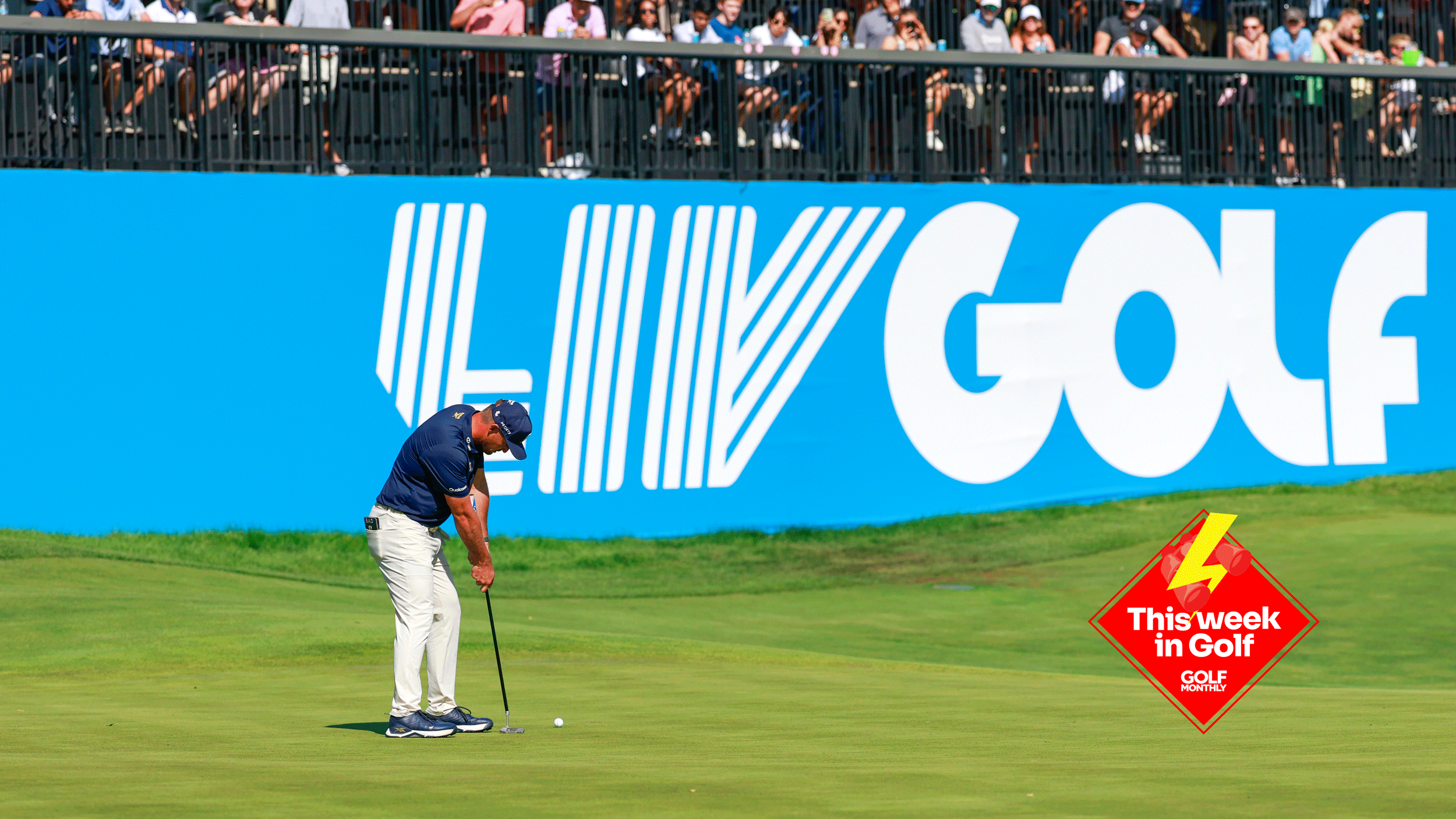 Bryson DeChambeau putts in front of a LIV Golf sign with the This Week In Golf sticker in the bottom right