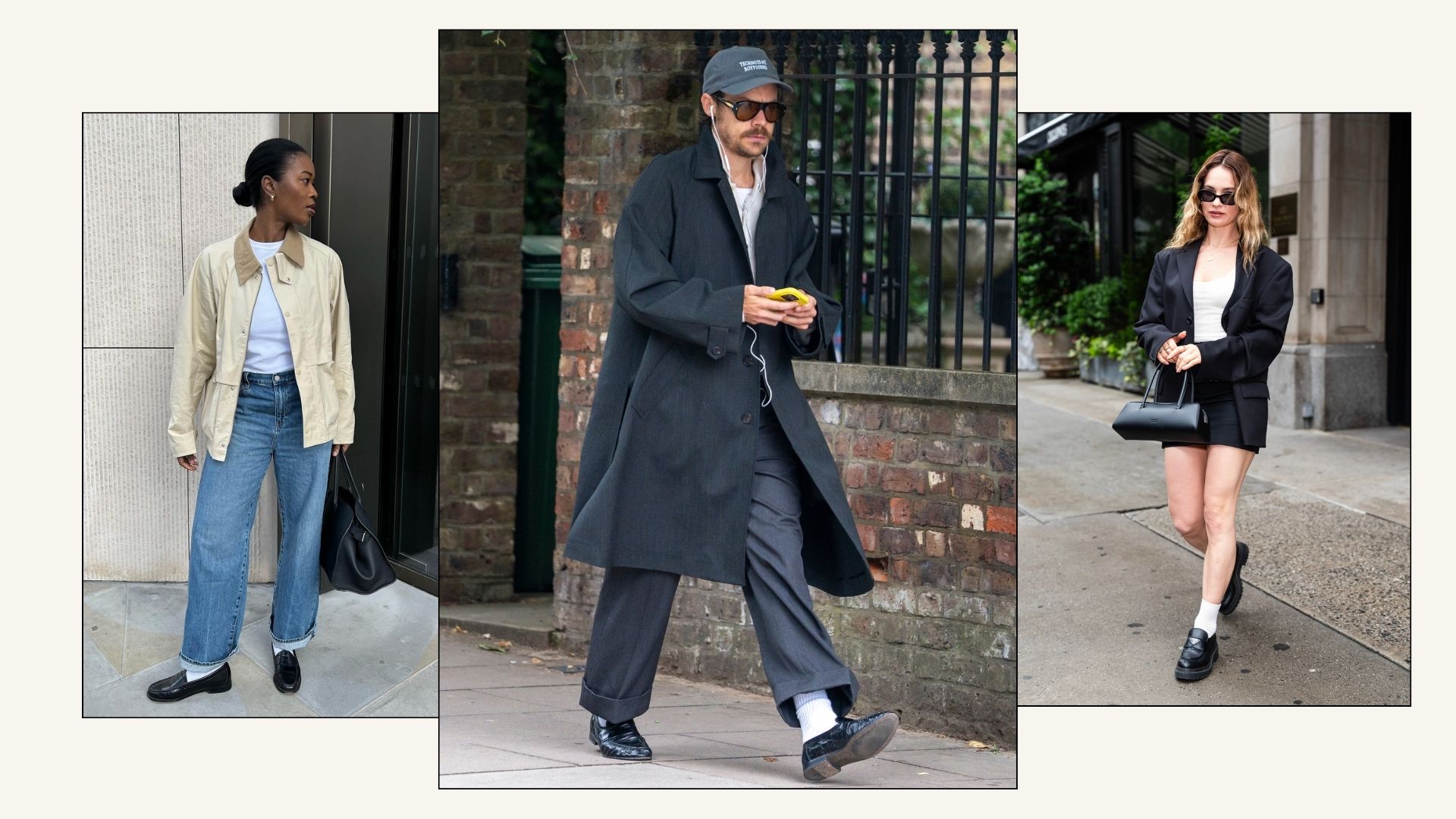 Influencer @nlmarilyn, Harry Styles and Lily James all wear black leather loafers with white socks in London.