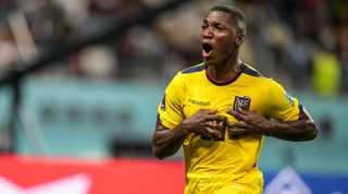 Moises Caicedo of Ecuador celebrates after scoring for his country during the FIFA World Cup 2022 match between Ecuador and Senegal on 29 November, 2022 at the Khalifa International Stadium in Doha, Qatar.