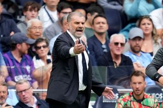 Tottenham manager Ange Postecoglou gestures on the touchline during the Premier League match against Arsenal, September 2024