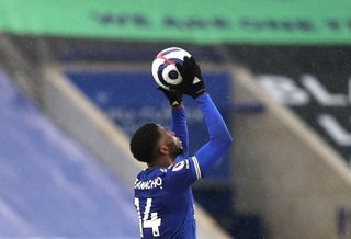 Leicester City’s Kelechi Iheanacho celebrates his hat trick with the match ball after the final whistle during the Premier League match at King Power Stadium, Leicester. Picture date: Sunday March 14, 2021