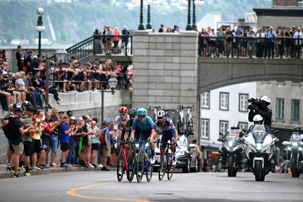 QUEBEC CITY QUEBEC SEPTEMBER 08 A general view of Mathias Vacek of Czech Republic and Team LidlTrek Mauri Vansevenant of Belgium and Team Soudal QuickStep David Lozano Riba of Spain and Team Novo Nordisk and Gianmarco Garofoli of Italy and Astana Qazaqstan Team compete in the breakaway during the 12th Grand Prix Cycliste de Qubec 2023 a 2016km one day race from Quebec to Quebec 92m UCIWT on September 08 2023 in Quebec City Quebec Photo by Dario BelingheriGetty Images