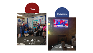 A group of women standing with Kamala Harris signs; an image of a TV screen broadcasting election results