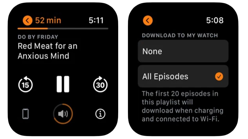 Overcast interface on two Apple Watch screens