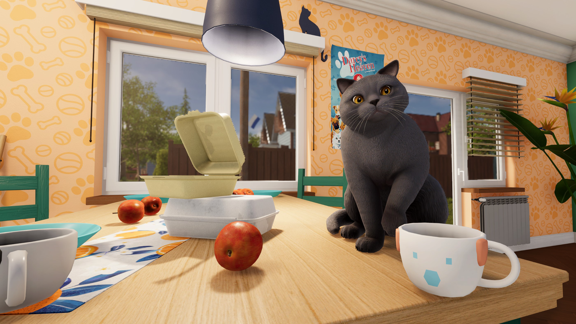 a cute widdle kitty cat sitting on a table with a mug on the egde. you just know it wants to push it off
