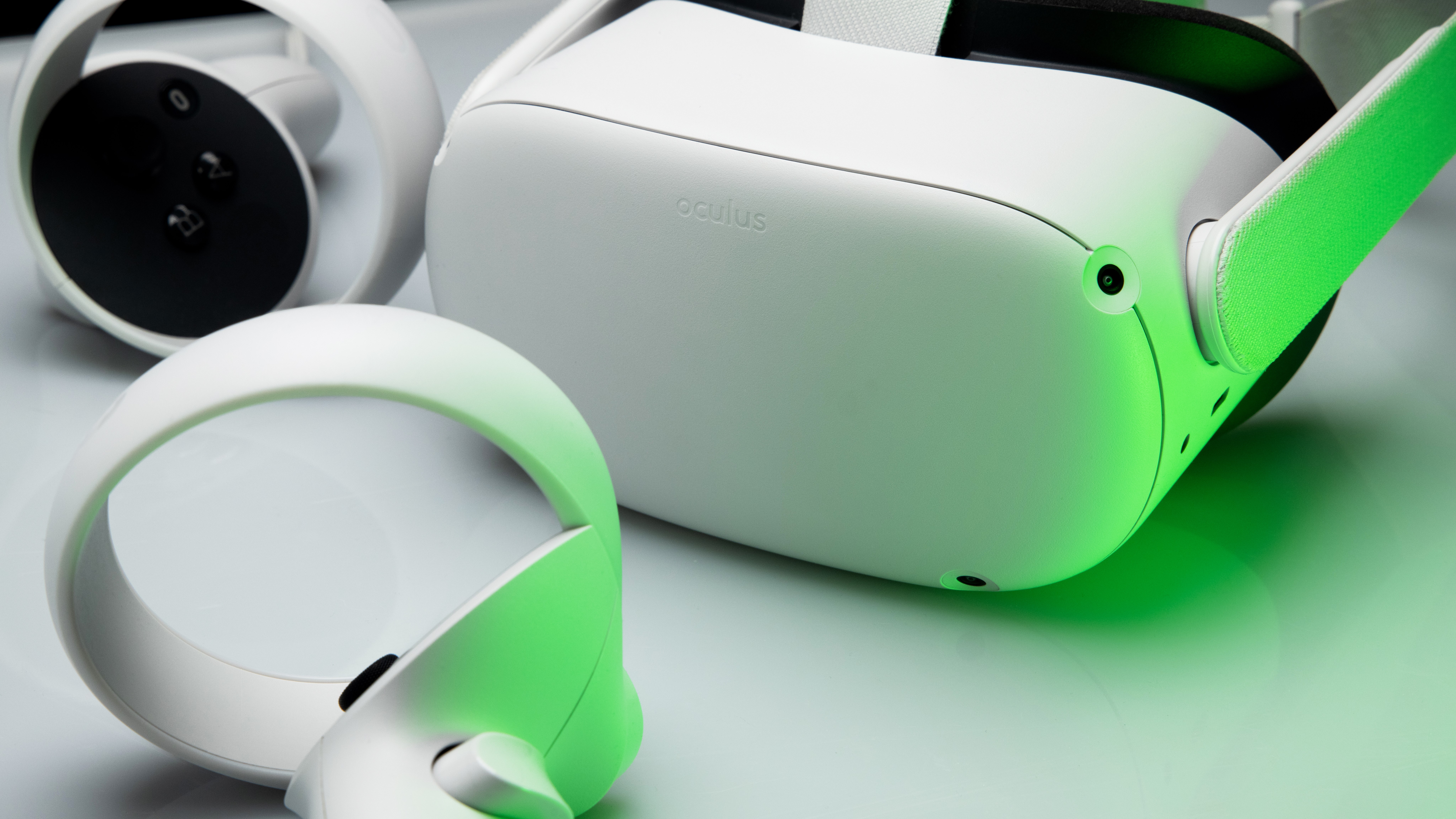Oculus Quest 2 virtual reality headset under green light