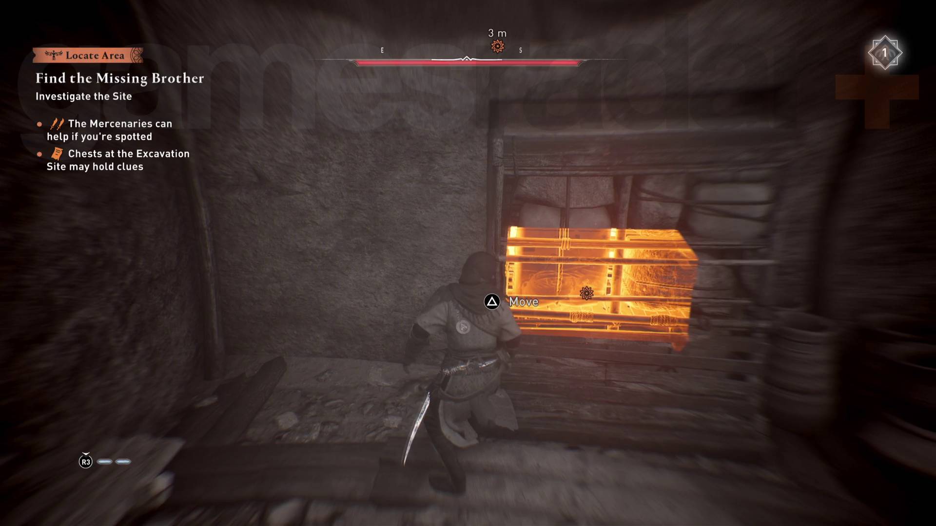 Skrzynia z miejscem wykopalisk w grze Assassin's Creed Mirage widziana przez ścianę za pomocą wzroku orła