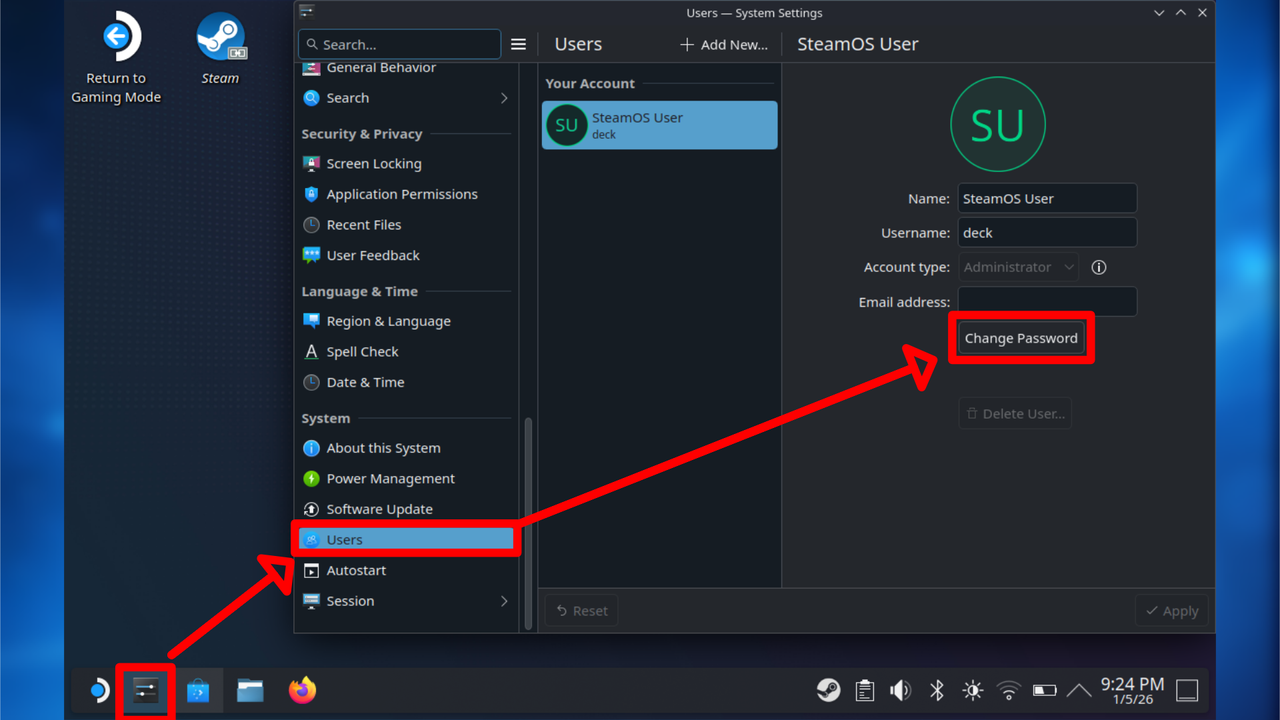 SteamOS user settings panel