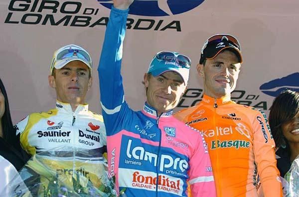 Podium (L-R): Riccardo Ricc&ograve; (Saunier Duval-Prodir), Damiano Cunego (Lampre-Fondital) and Samuel S&aacute;nchez (Euskaltel-Euskadi).