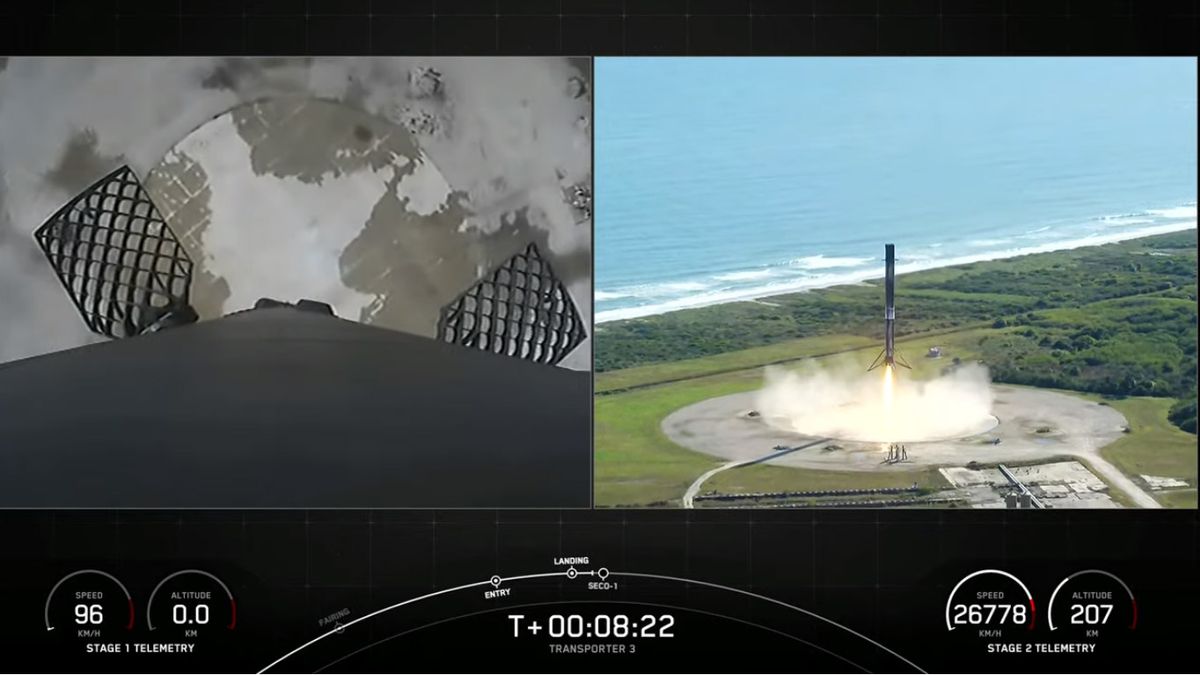 SpaceX lands a first-stage booster of its Falcon 9 rocket for the tenth time.
