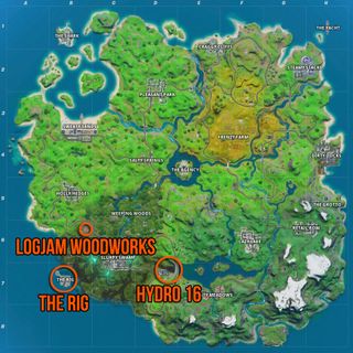 Fortnite The Rig, Hydro 16, and Logjam Woodworks locations map