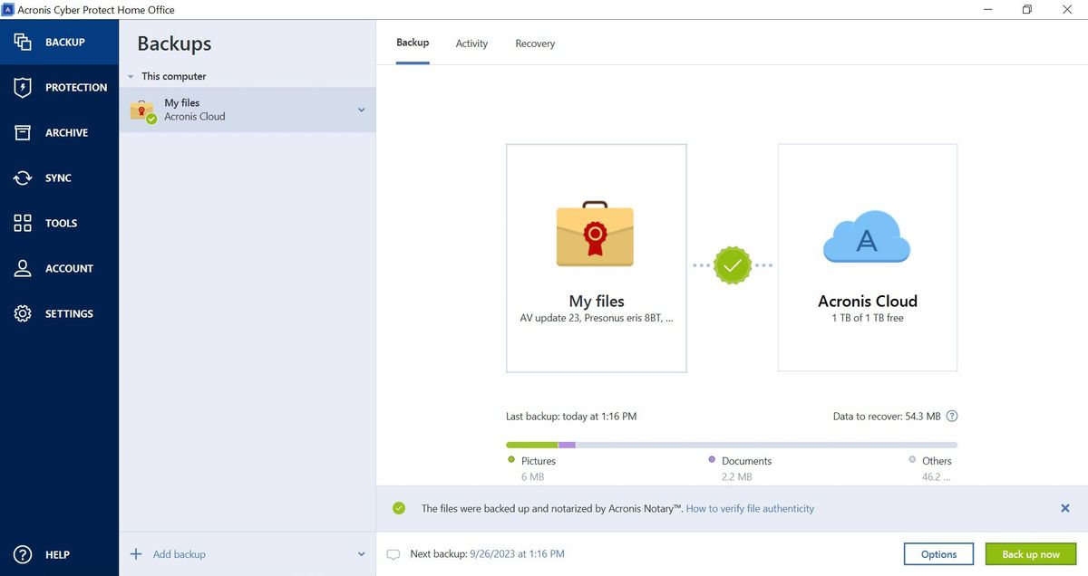Acronis Cyber Protect Home Office app screen shot