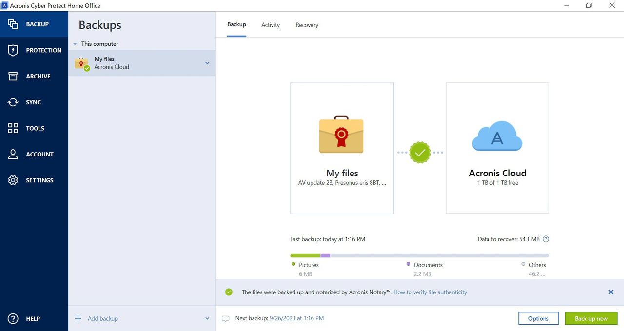 Acronis Cyber Protect Home Office app screen shot
