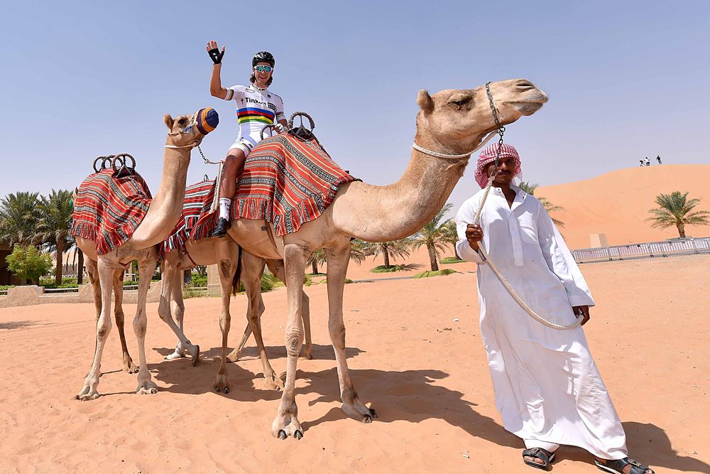 Peter Sagan (Tinkoff-Saxo) riding a camel