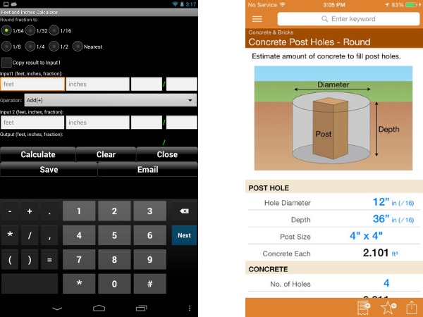 Handyman Calculator (Android: Free) & Home Improvement Calcs (iOS: $1.99)