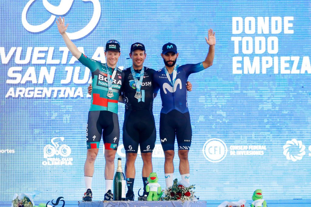 SAN JUAN ARGENTINA JANUARY 28 LR Sam Bennett of Ireland and Team Bora Hansgrohe on second place stage winner Sam Welsford Australia and Team DSM and Fernando Gaviria of Colombia and Movistar Team on third place pose on the podium ceremony after the 39th Vuelta a San Juan International 2023 Stage 6 a 1449km stage from Veldromo Vicente Chancay to Veldromo Vicente Chancay VueltaSJ2023 on January 28 2023 in San Juan Argentina Photo by Maximiliano BlancoGetty Images