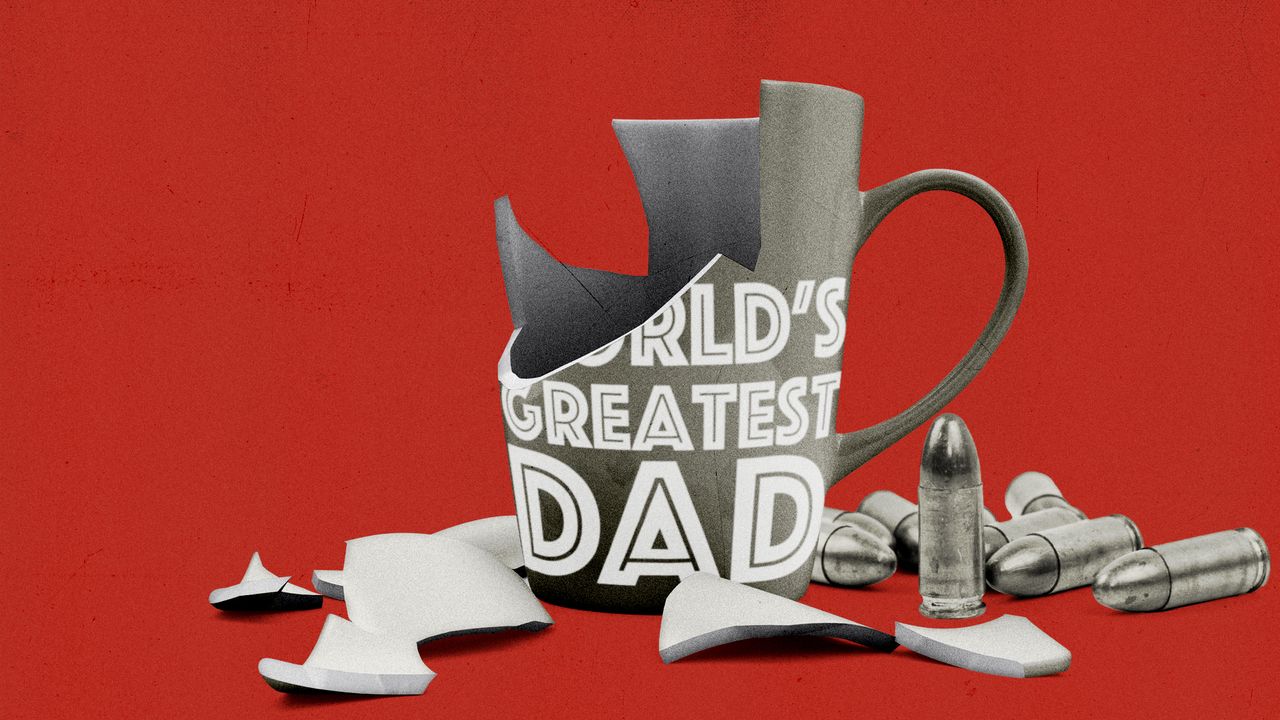 Illustration of a broken &quot;World&#039;s Greatest Dad&quot; mug and some bullets