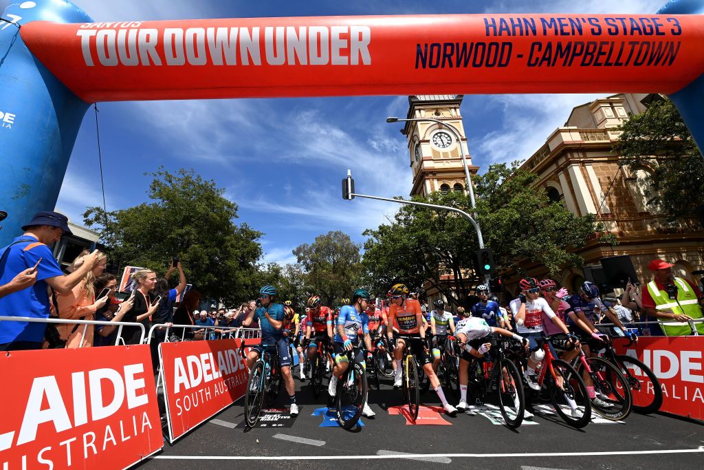 NORWOOD AUSTRALIA JANUARY 20 LR Manuele Boaro of Italy and Astana Qazaqstan Team Caleb Ewan of Australia and Australian National Team Blue Sprint Jersey Rohan Dennis of Australia and Team JumboVisma Orange Leader Jersey Jay Vine of Australia and UAE Team Emirates Polka dot Mountain Jersey Magnus Sheffield of The United States and Team INEOS Grenadiers White Best Young Rider Jersey Alberto Bettiol of Italy and Tam EF Education Easypost Chris Froome of The United Kingdom and Team Israel Premier Tech and the peloton prior to 23rd Santos Tour Down Under 2023 Stage 3 a 1168km stage from Norwood to Campbelltown TourDownUnder WorldTour on January 20 2023 in Norwood Australia Photo by Tim de WaeleGetty Images