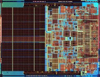 An actual photograph of a Core 2 Duo (Conroe) die. The right half shows what commonly perceived as CPU logic. The (darker) left half of the die shows the (4 MB) L2 cache. The core is about 143 mm2 in size and contains 291 million transistors - which bring