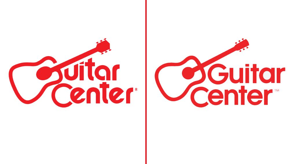 Guitar Center&#039;s logo, before (left) and after