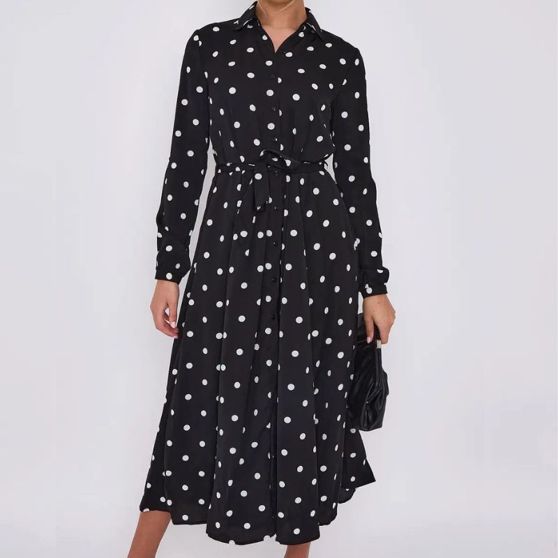 black and white polka dot shirt dress