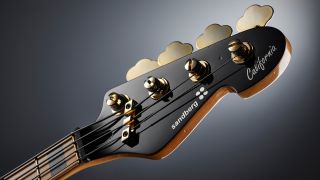 Close up of the headstock on a Sandberg bass guitar