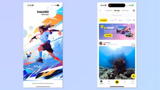 Two screenshots of the Insta360 smartphone app on a blue background